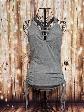 Women’s Grey Strappy V-Neck Tank Top with Side Ties